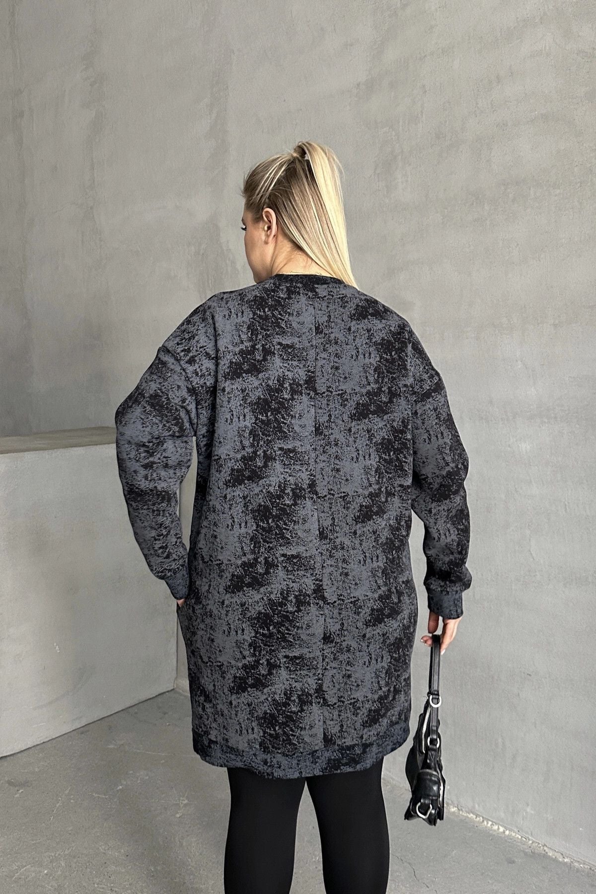 Büyük Beden Uzun Kollu Bisiklet Yaka Cepli Desenli Elbise 106-75