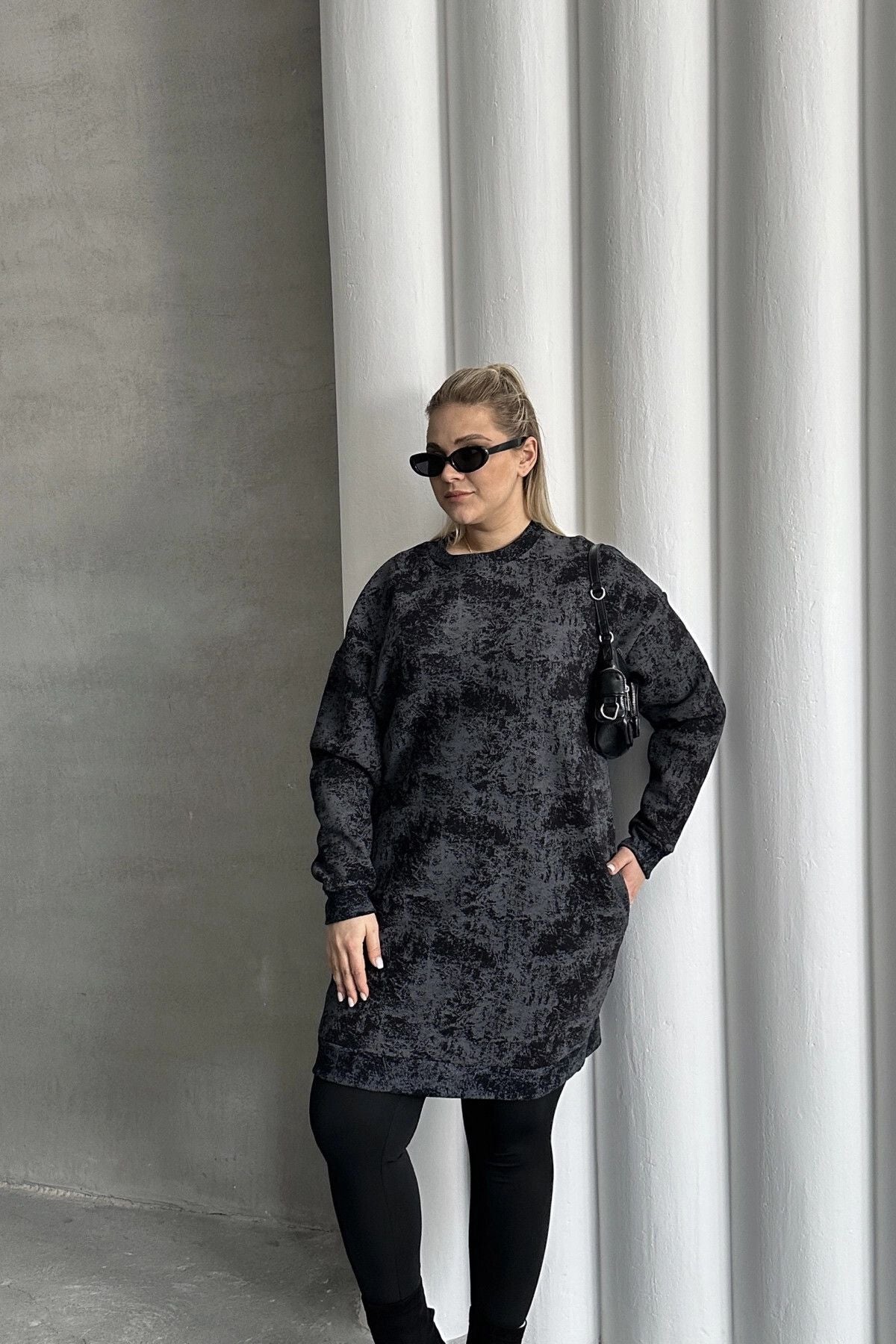 Büyük Beden Uzun Kollu Bisiklet Yaka Cepli Desenli Elbise 106-75