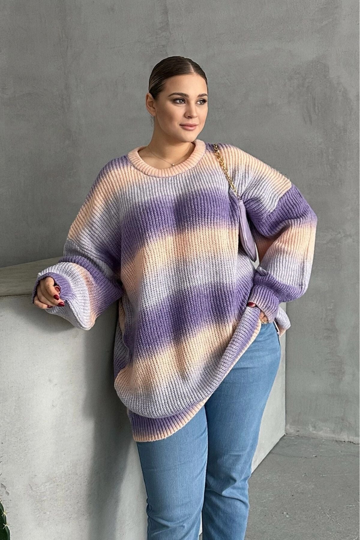 Büyük Beden Uzun Kollu Bisiklet Yaka Renk Bloklu Triko Kazak DG-06