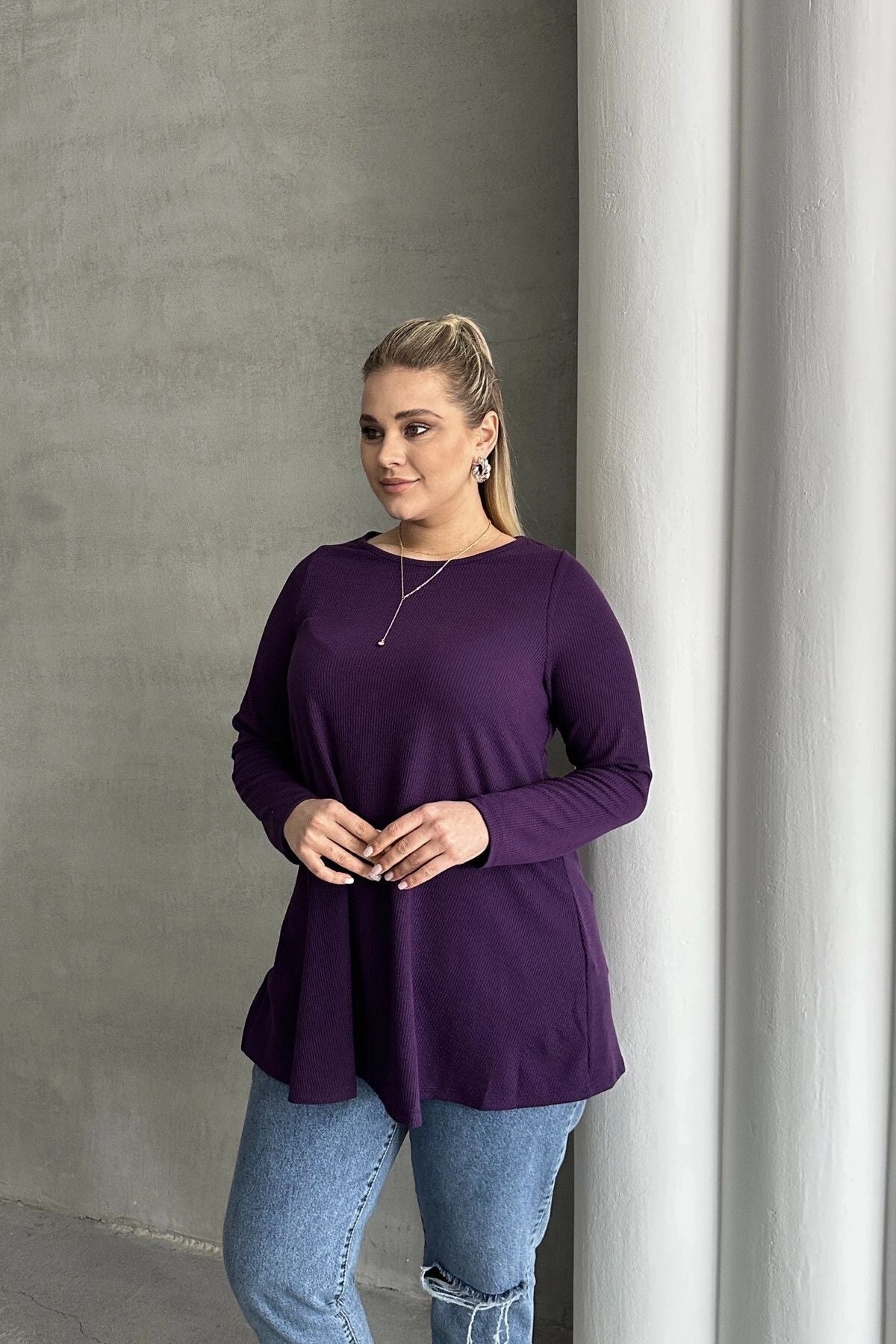 Büyük Beden Uzun Kollu Bisiklet Yaka Fitilli Bluz 100-123