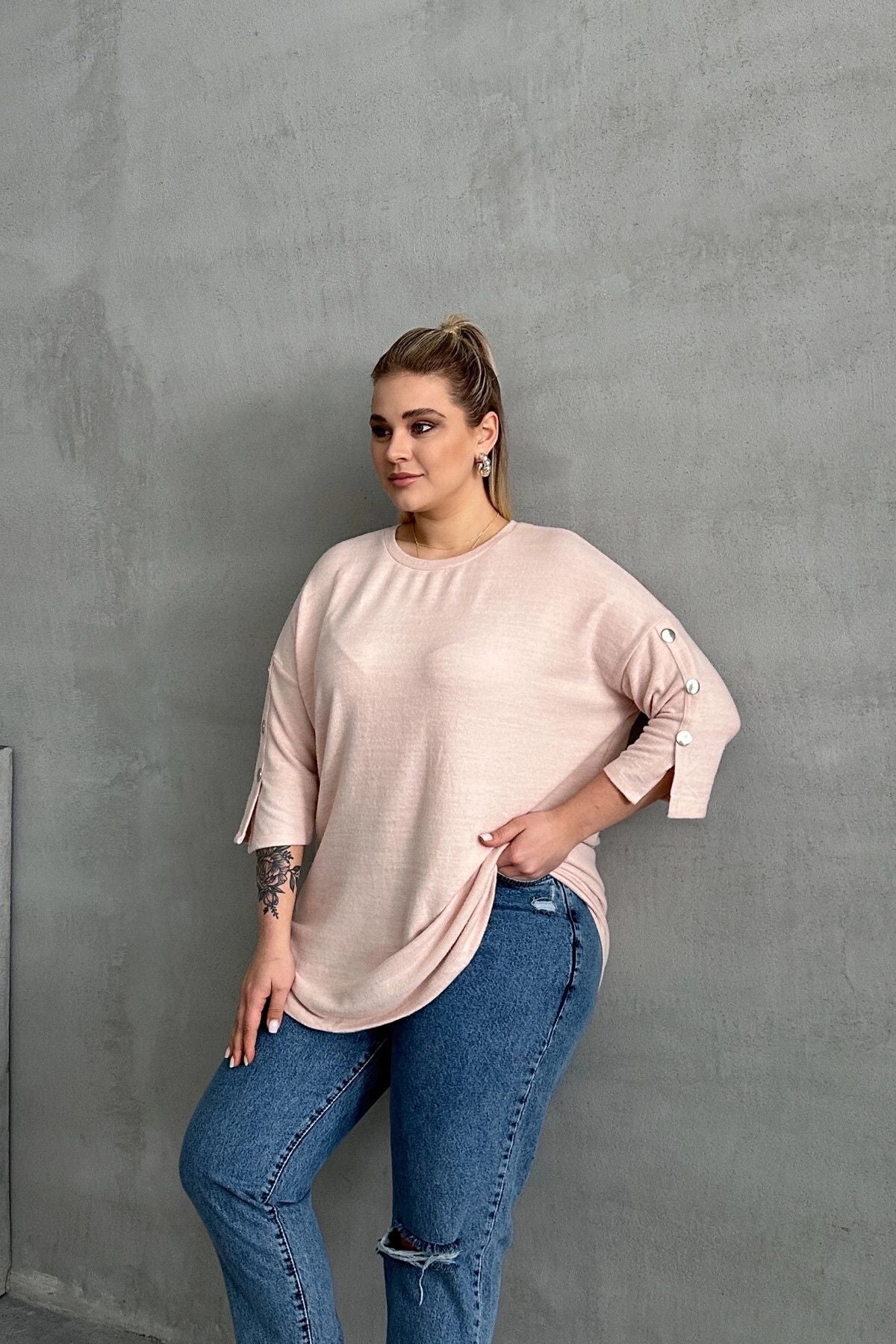 Büyük Beden Yarım Kollu Bisiklet Yaka Düğme Detaylı Kazak 303072