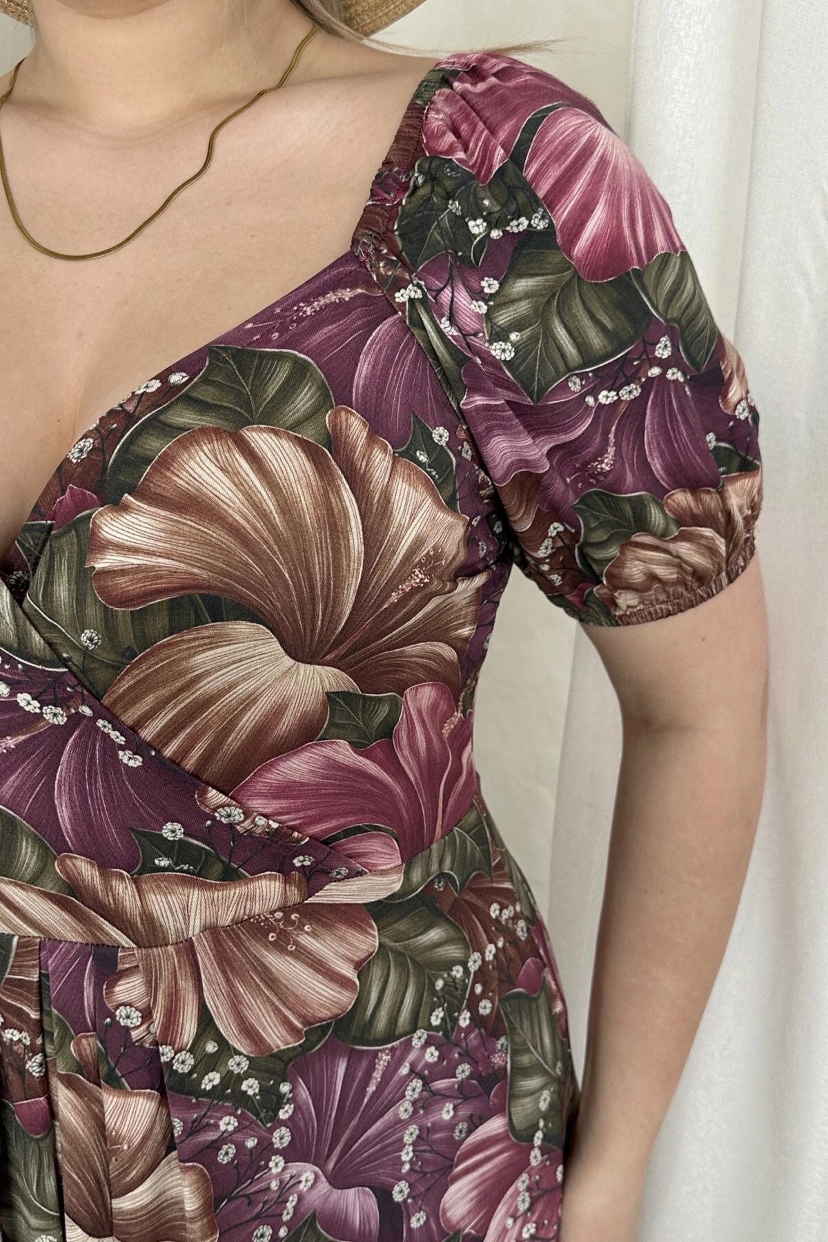 Büyük Beden Kısa Kollu Prenses Yaka Çiçek Desenli Maxi Elbise 74-80