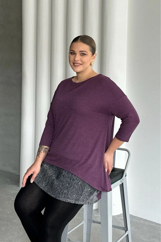 Büyük Beden Eteği Tül Detaylı Uzun Kollu İnce Bluz 84-106