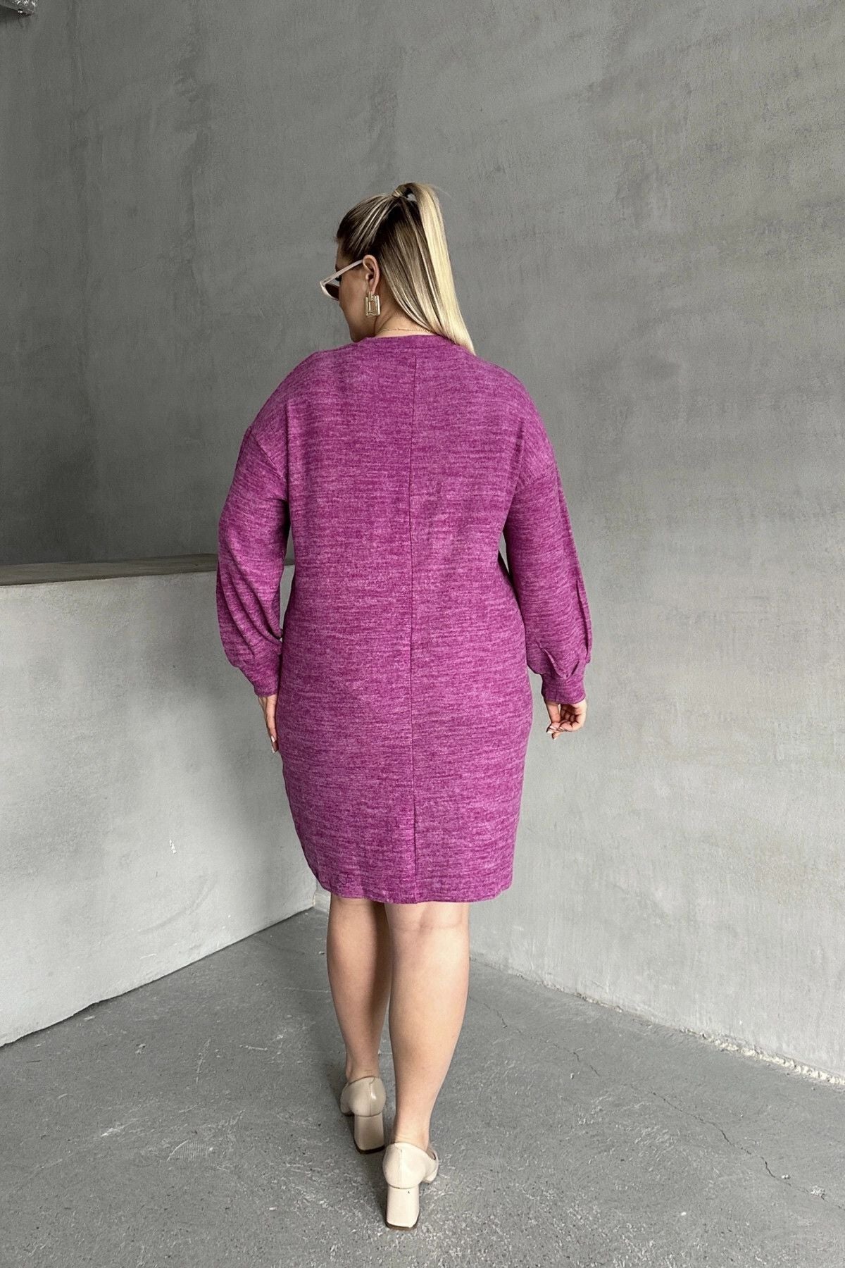 Büyük Beden Uzun Kollu Bisiklet Yaka Kırçıllı Elbise 84-162