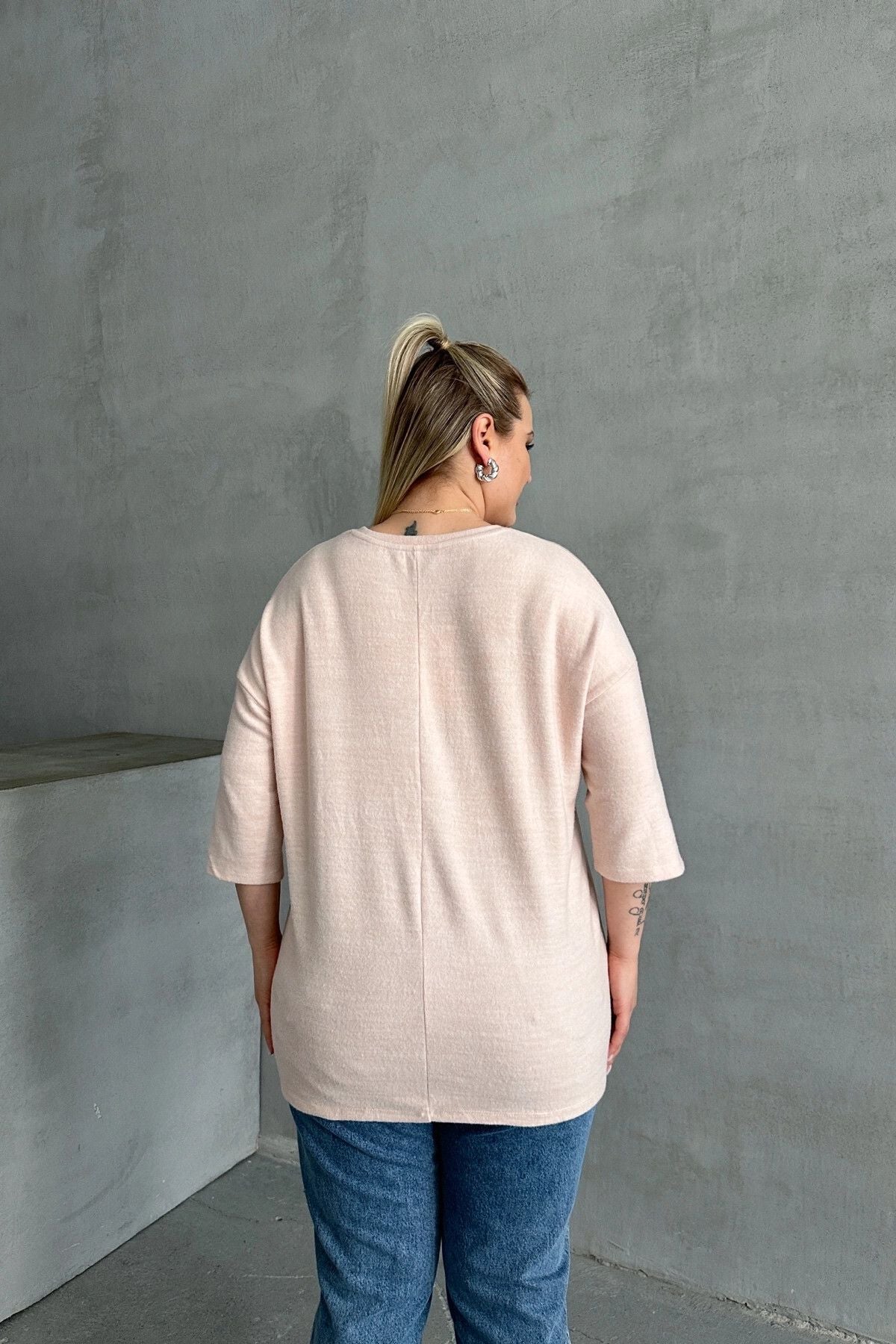 Büyük Beden Yarım Kollu Bisiklet Yaka Düğme Detaylı Kazak 303072