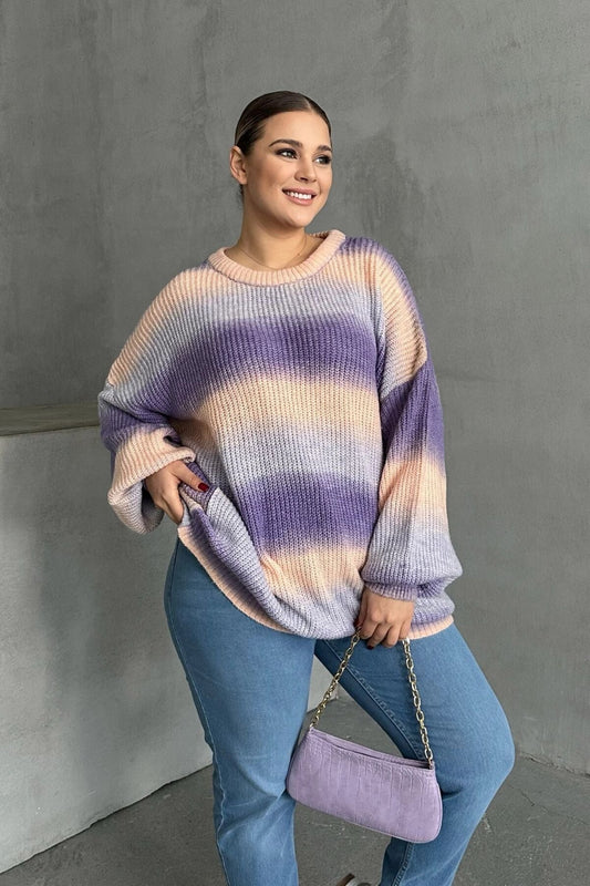 Büyük Beden Uzun Kollu Bisiklet Yaka Renk Bloklu Triko Kazak DG-06