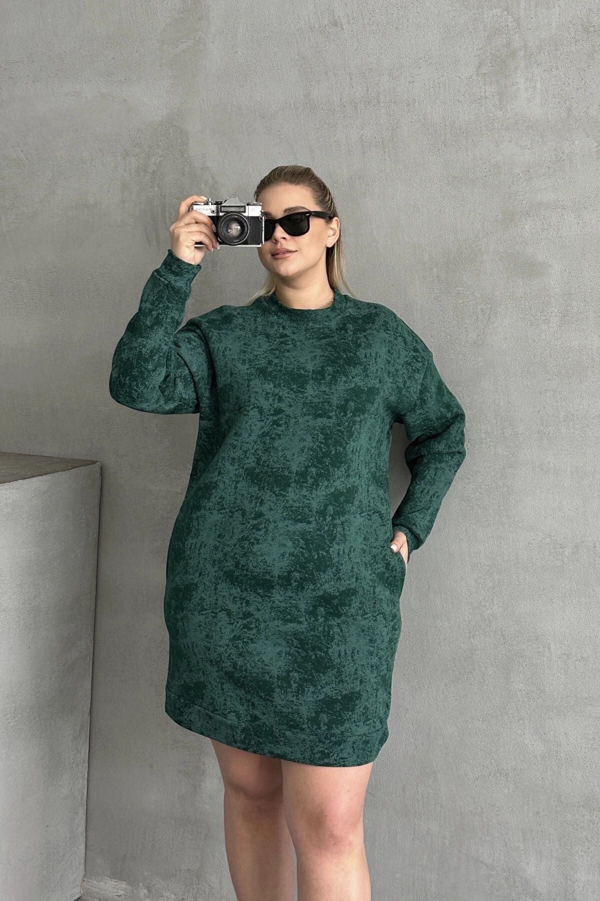 Büyük Beden Uzun Kollu Bisiklet Yaka Cepli Desenli Elbise 106-77