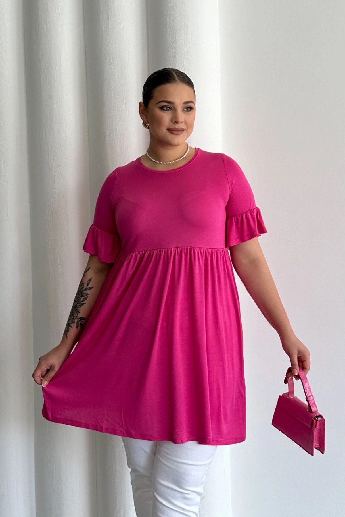 Büyük Beden Kol Detaylı Beli Lastikli Pileli Tunik T-shirt T41