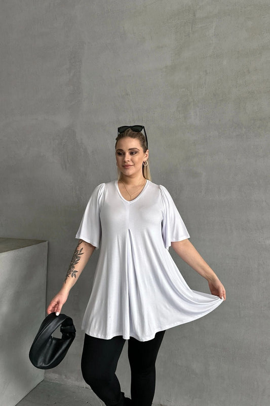 Büyük Beden V Yaka Desensiz Asimetrik Kesim Likralı Bluz MDL-2