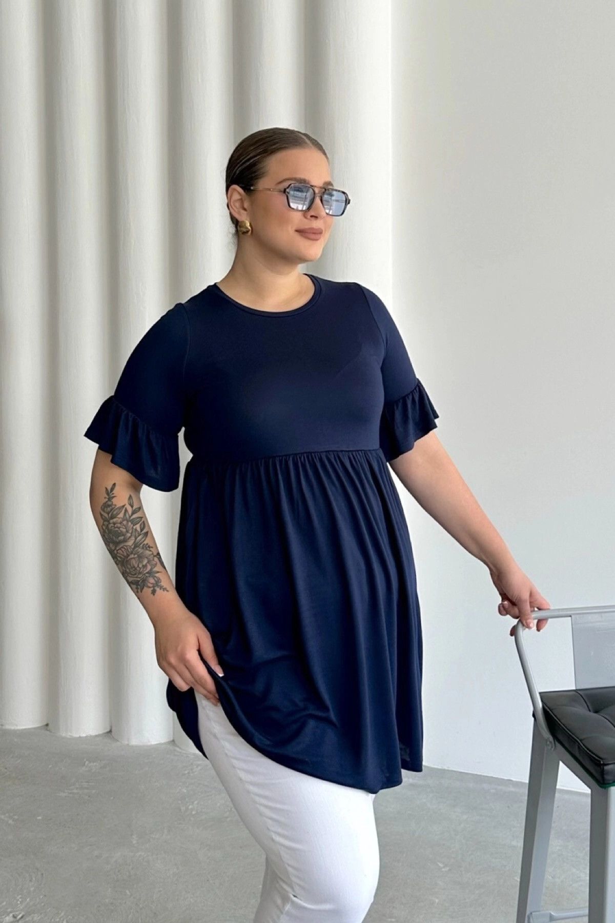 Büyük Beden Kol Detaylı Beli Lastikli Pileli Tunik T-shirt T42