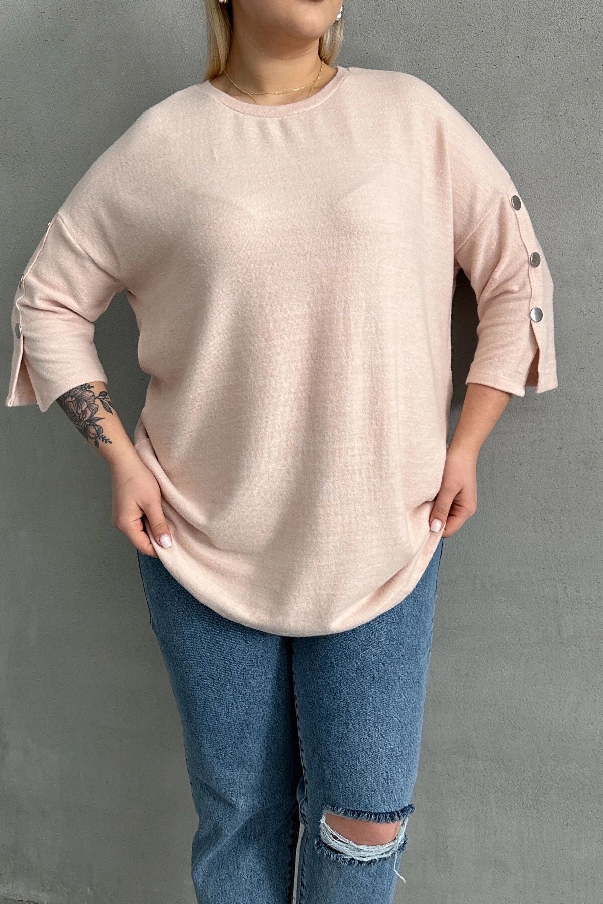 Büyük Beden Yarım Kollu Bisiklet Yaka Düğme Detaylı Kazak 303072