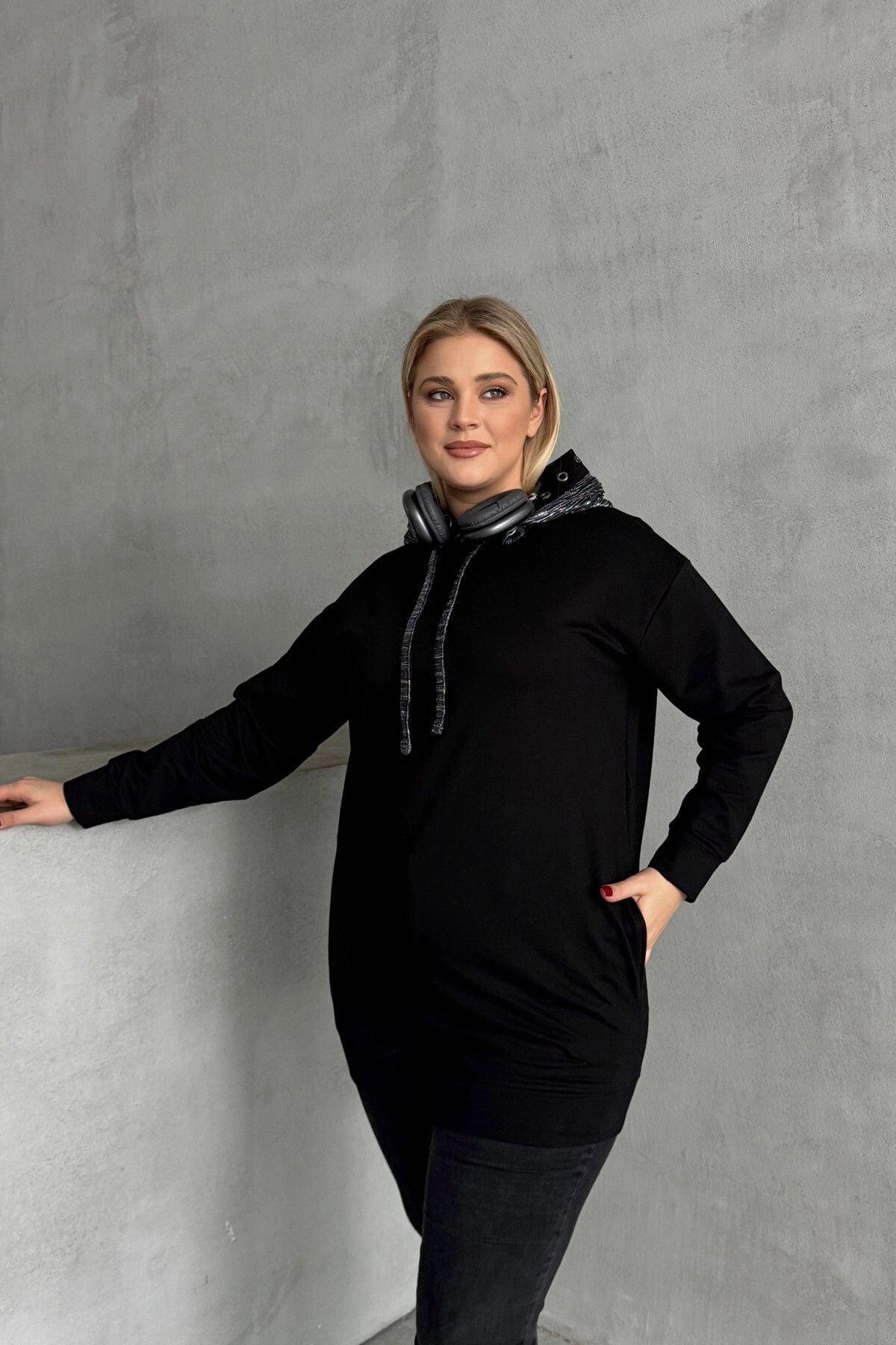 Büyük Beden Uzun Kollu Kapüşonu Desenli Cepli Sweatshirt 106-92