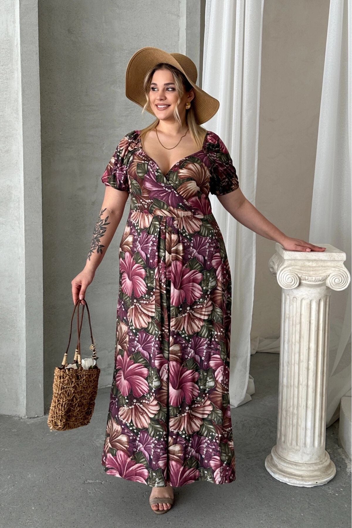 Büyük Beden Kısa Kollu Prenses Yaka Çiçek Desenli Maxi Elbise 74-80