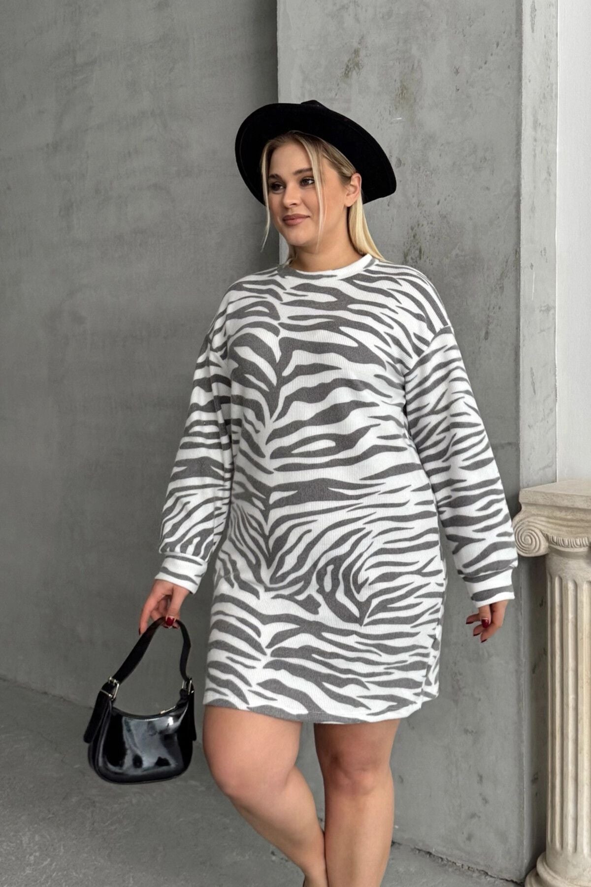 Büyük Beden Uzun Kollu Bisiklet Yaka Zebra Desenli Mini Elbise 84-194