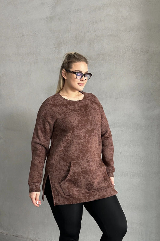 Büyük Beden Uzun Kollu Bisiklet Yaka Önü Cepli Desenli Sweatshirt 106-79