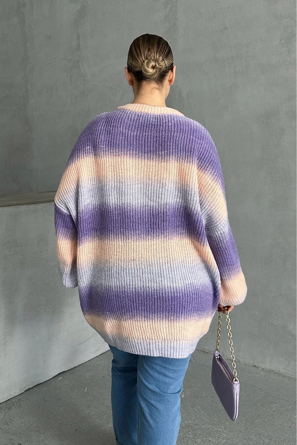 Büyük Beden Uzun Kollu Bisiklet Yaka Renk Bloklu Triko Kazak DG-06