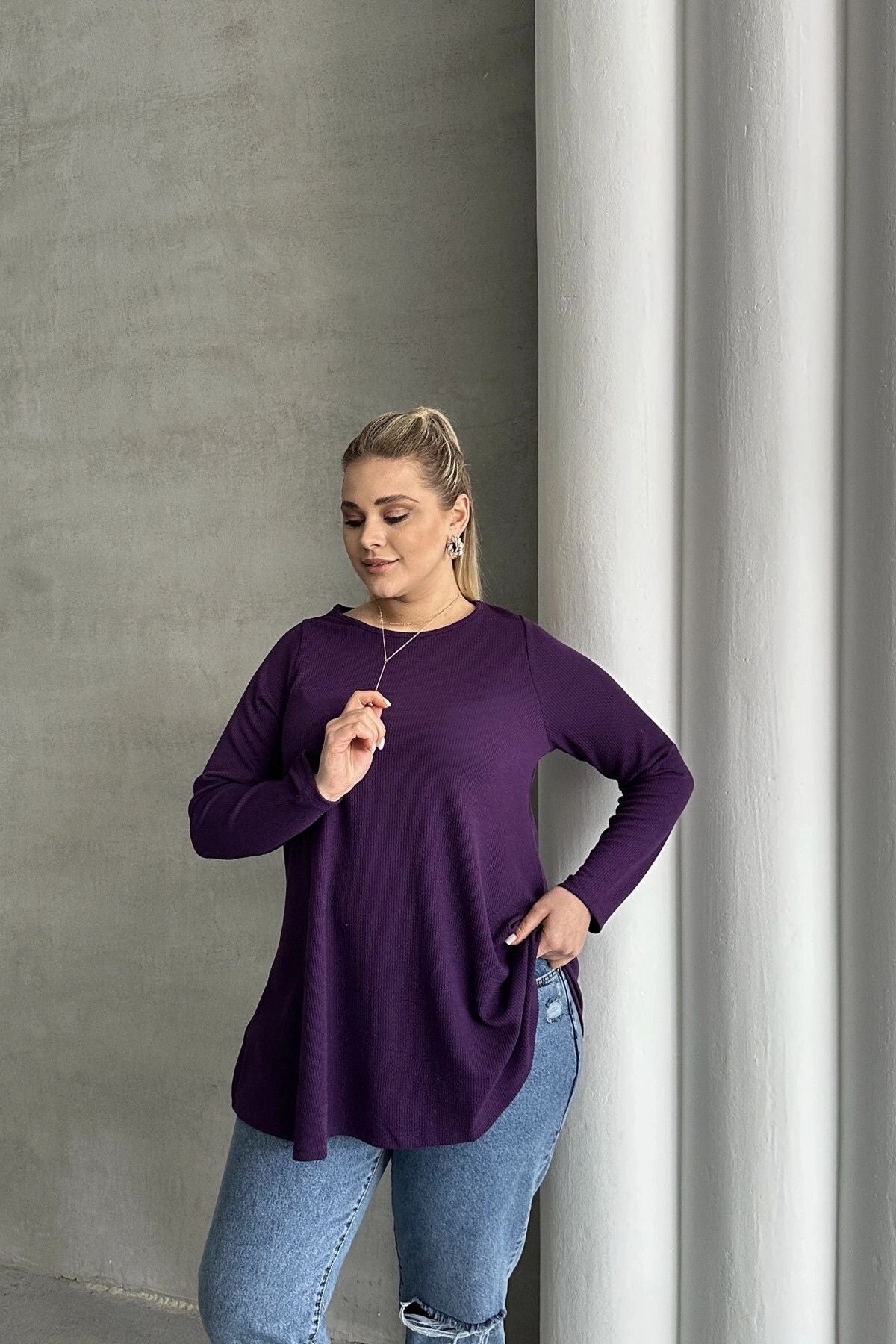 Büyük Beden Uzun Kollu Bisiklet Yaka Fitilli Bluz 100-123