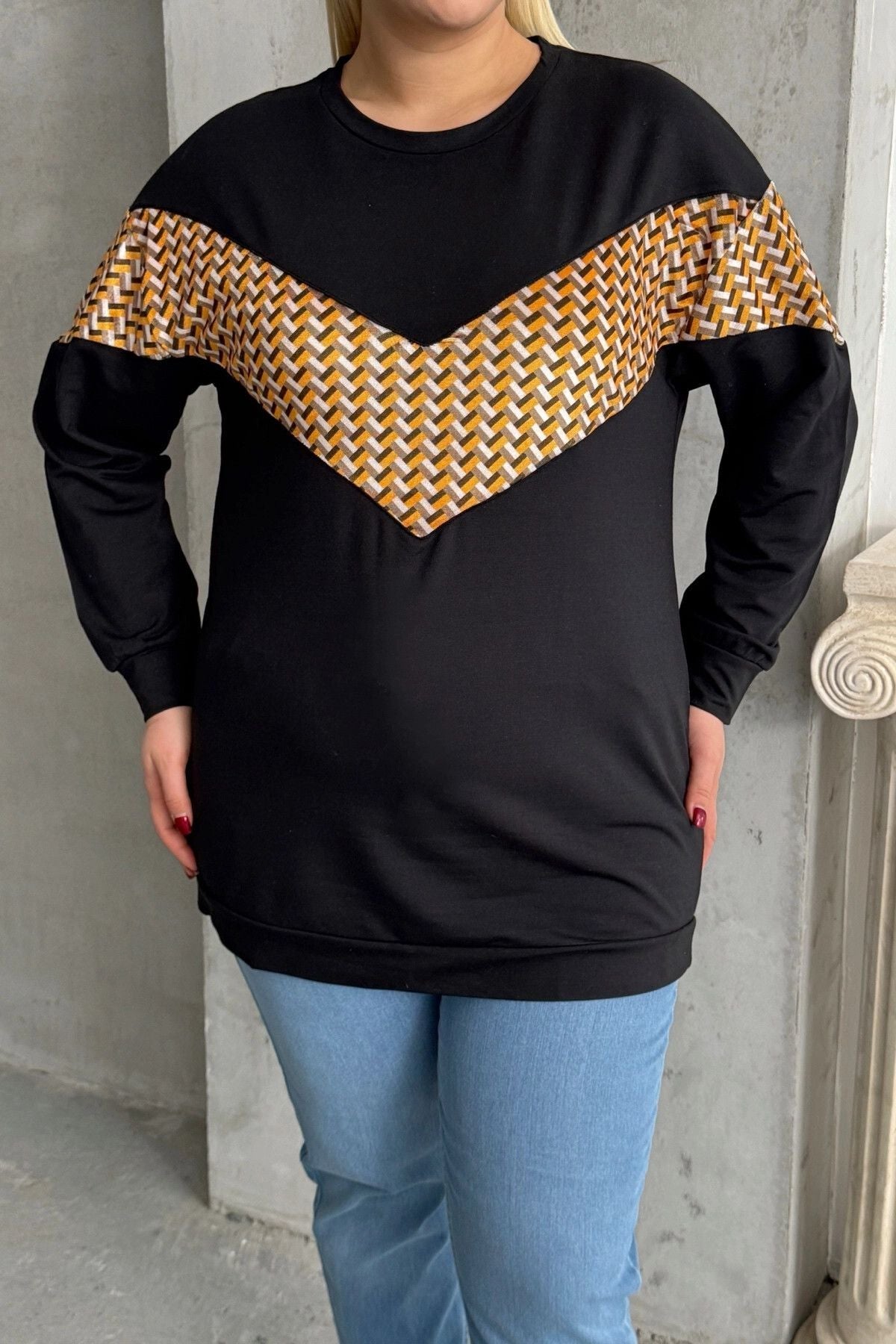 Büyük Beden Bisiklet Yaka Uzun Kollu Desenli Sweatshirt 300334