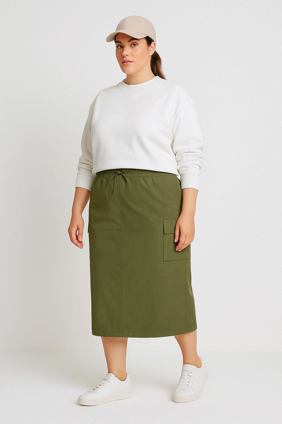 Büyük Beden Midi Boy Beli Büzgülü Arkadan Yırtmaçlı Kargo Etek 302037