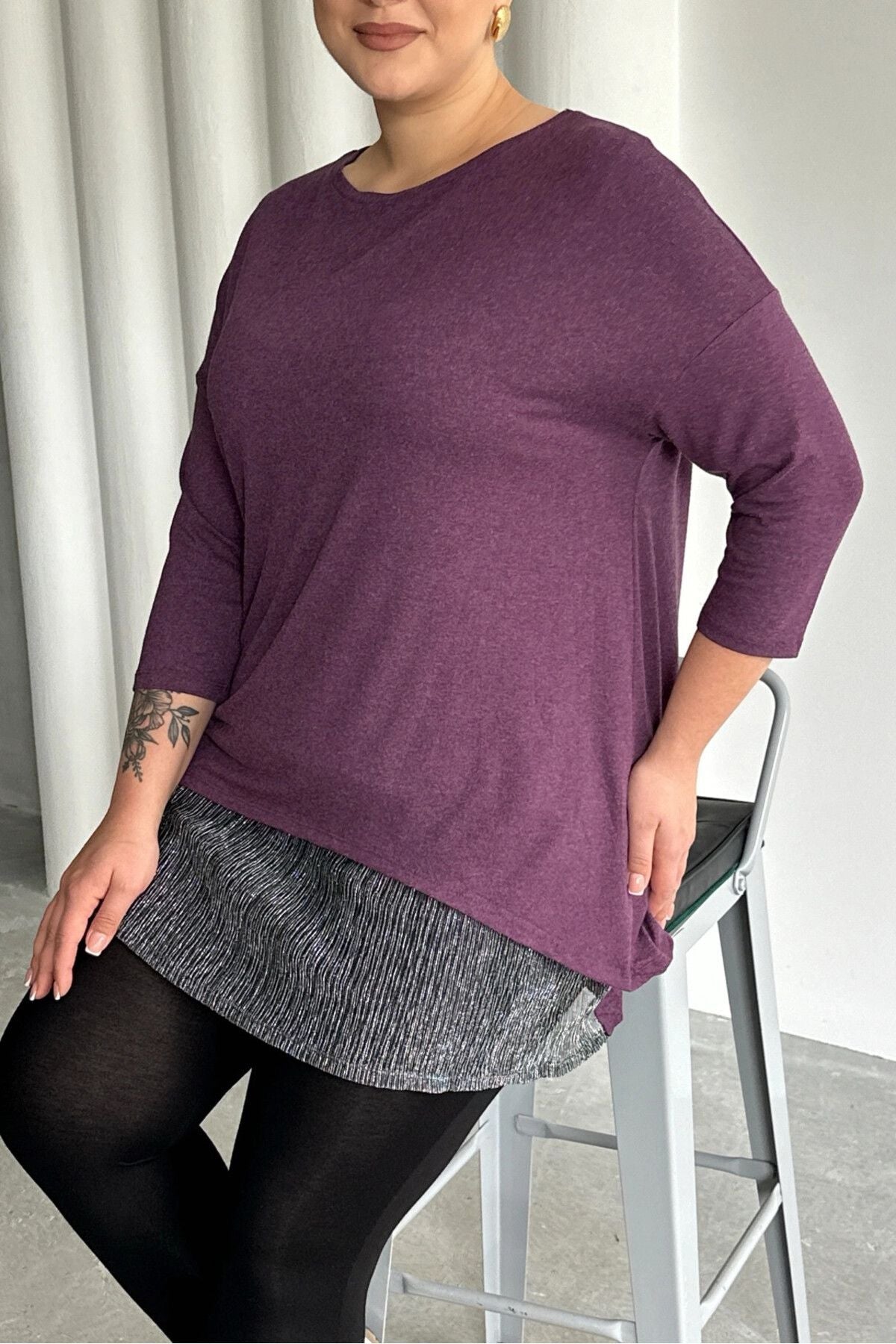 Büyük Beden Eteği Tül Detaylı Uzun Kollu İnce Bluz 84-106