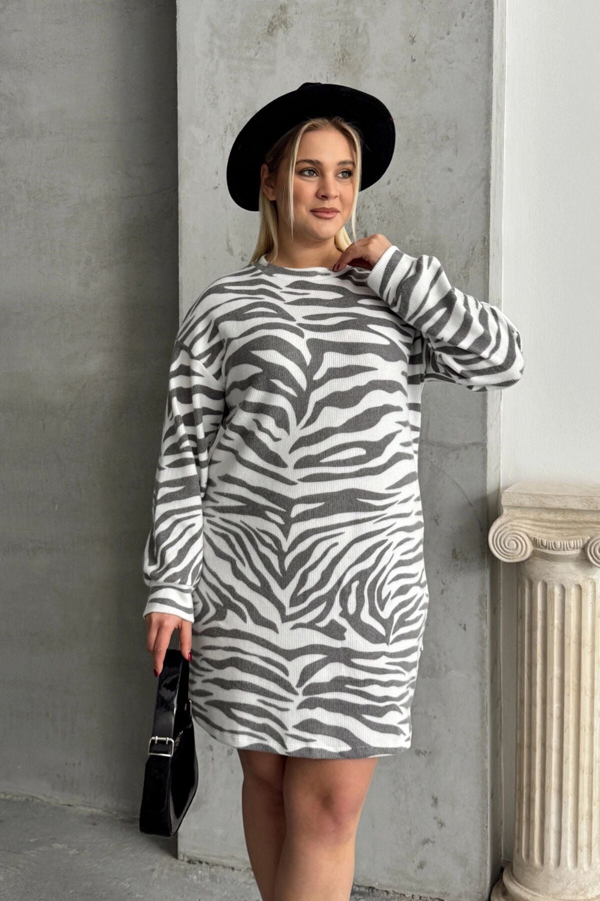 Büyük Beden Uzun Kollu Bisiklet Yaka Zebra Desenli Mini Elbise 84-194