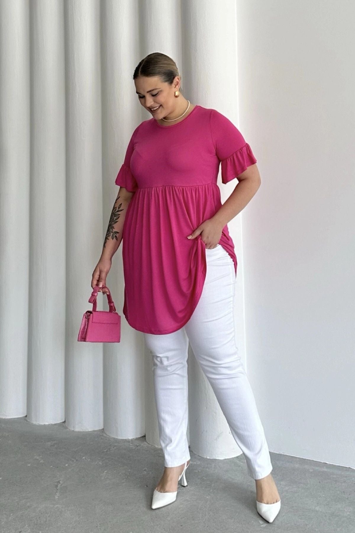 Büyük Beden Kol Detaylı Beli Lastikli Pileli Tunik T-shirt T41