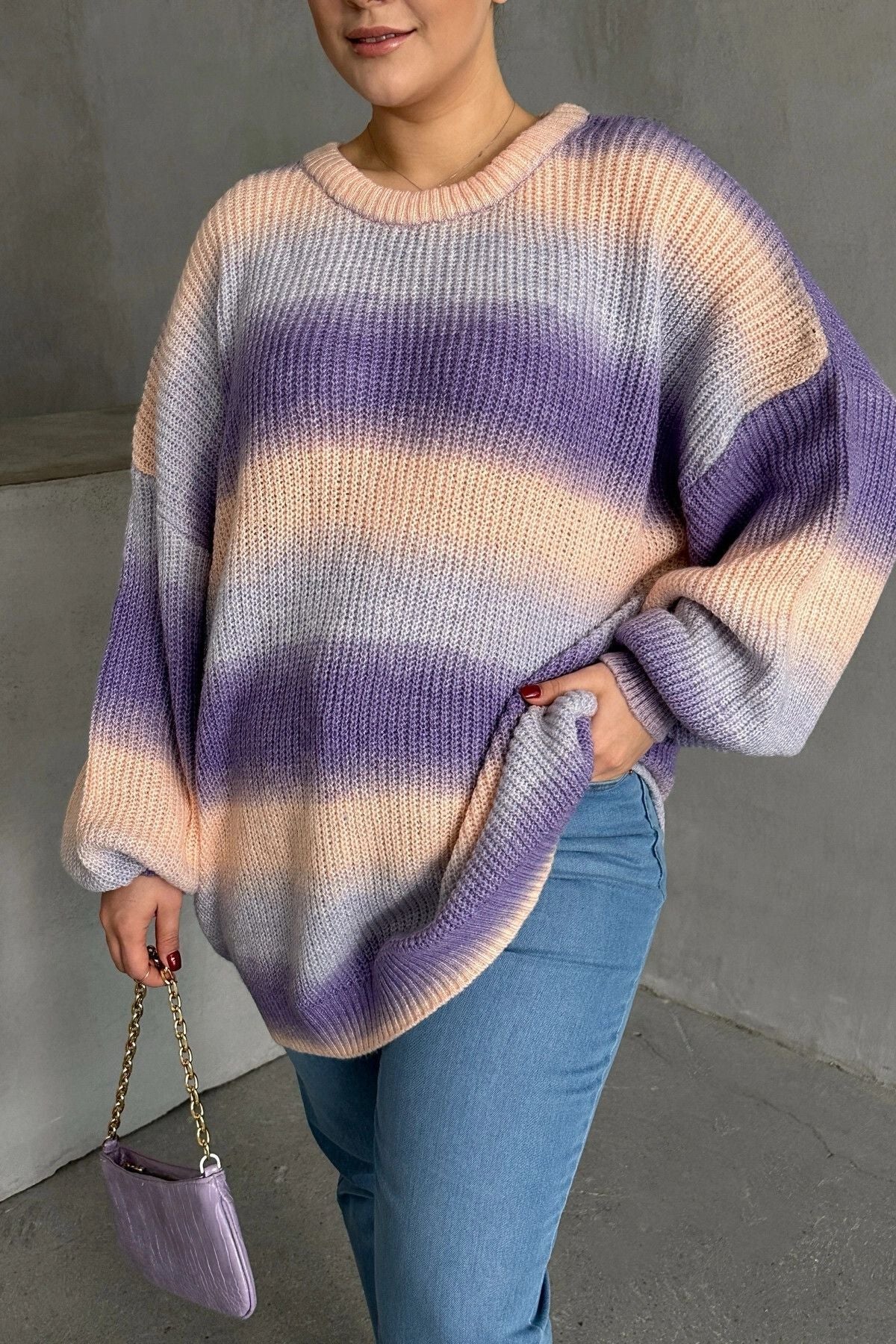 Büyük Beden Uzun Kollu Bisiklet Yaka Renk Bloklu Triko Kazak DG-06