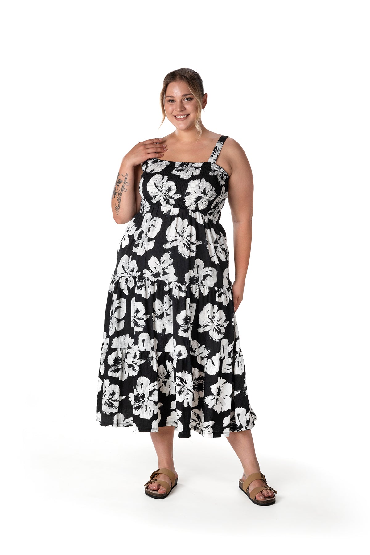 Büyük Beden Çiçek Desenli Kalın Askılı Beli Lastikli Elbise T-79