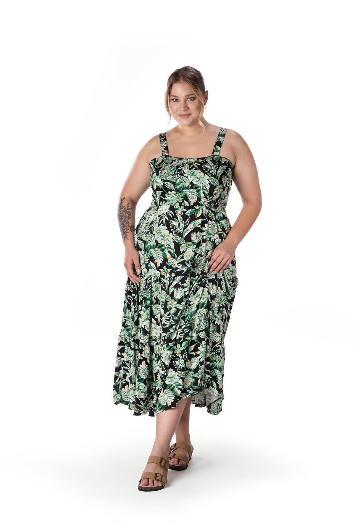 Büyük Beden Çiçek Desenli Kalın Askılı Beli Lastikli Elbise T-82