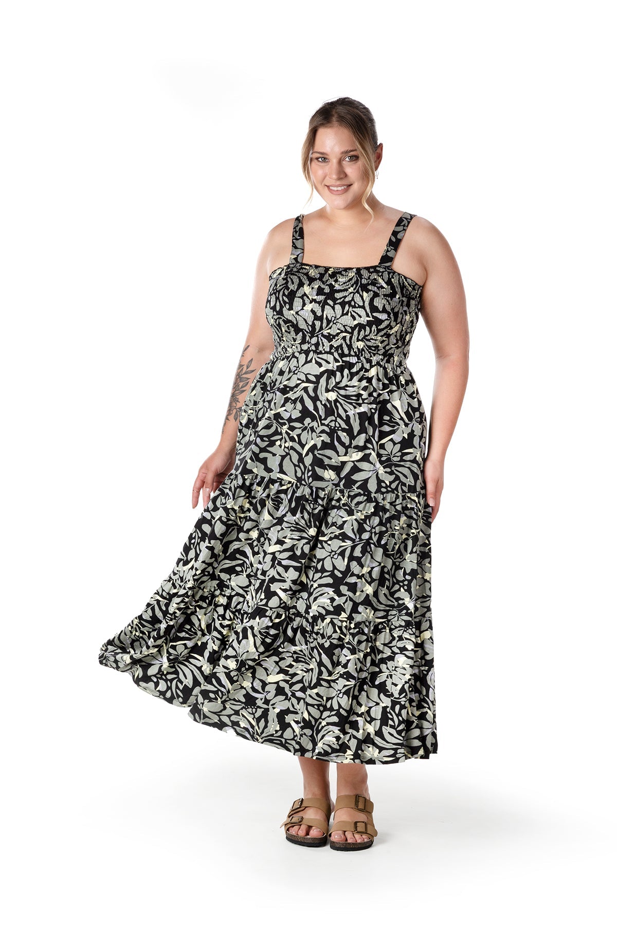 Büyük Beden Çiçek Desenli Kalın Askılı Beli Lastikli Elbise T-81