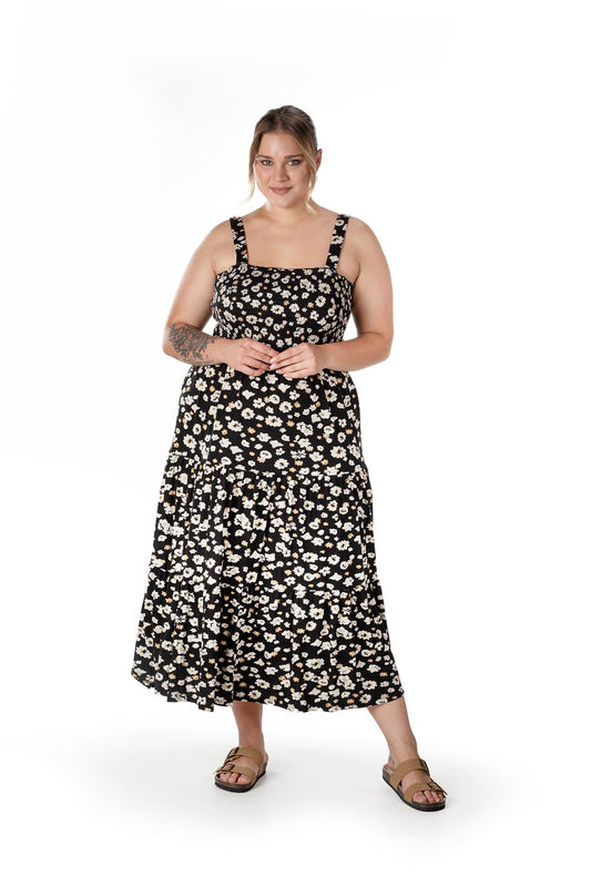 Büyük Beden Çiçek Desenli Kalın Askılı Beli Lastikli Elbise T-83