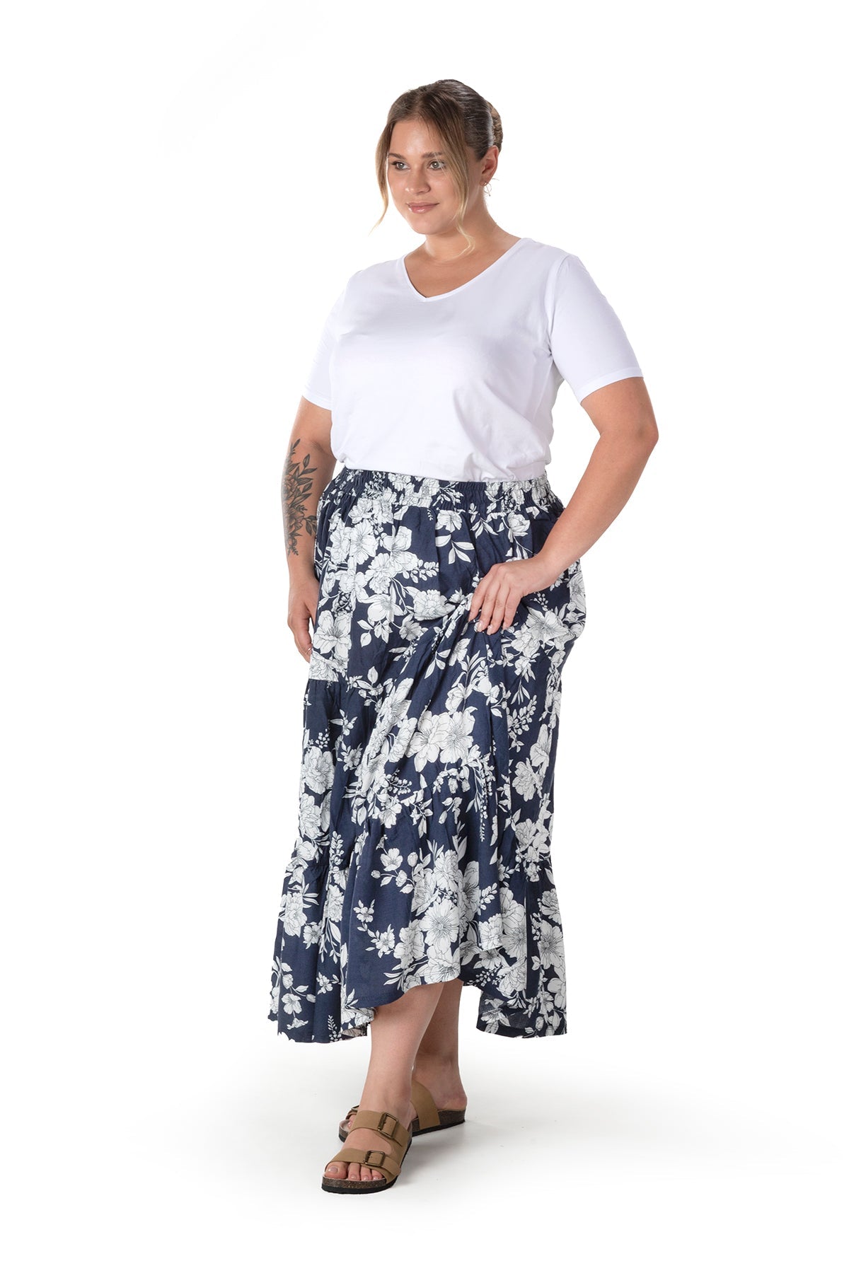 Büyük Beden Çiçek Desenli Beli Listekli Bileli Uzun Etek T-14