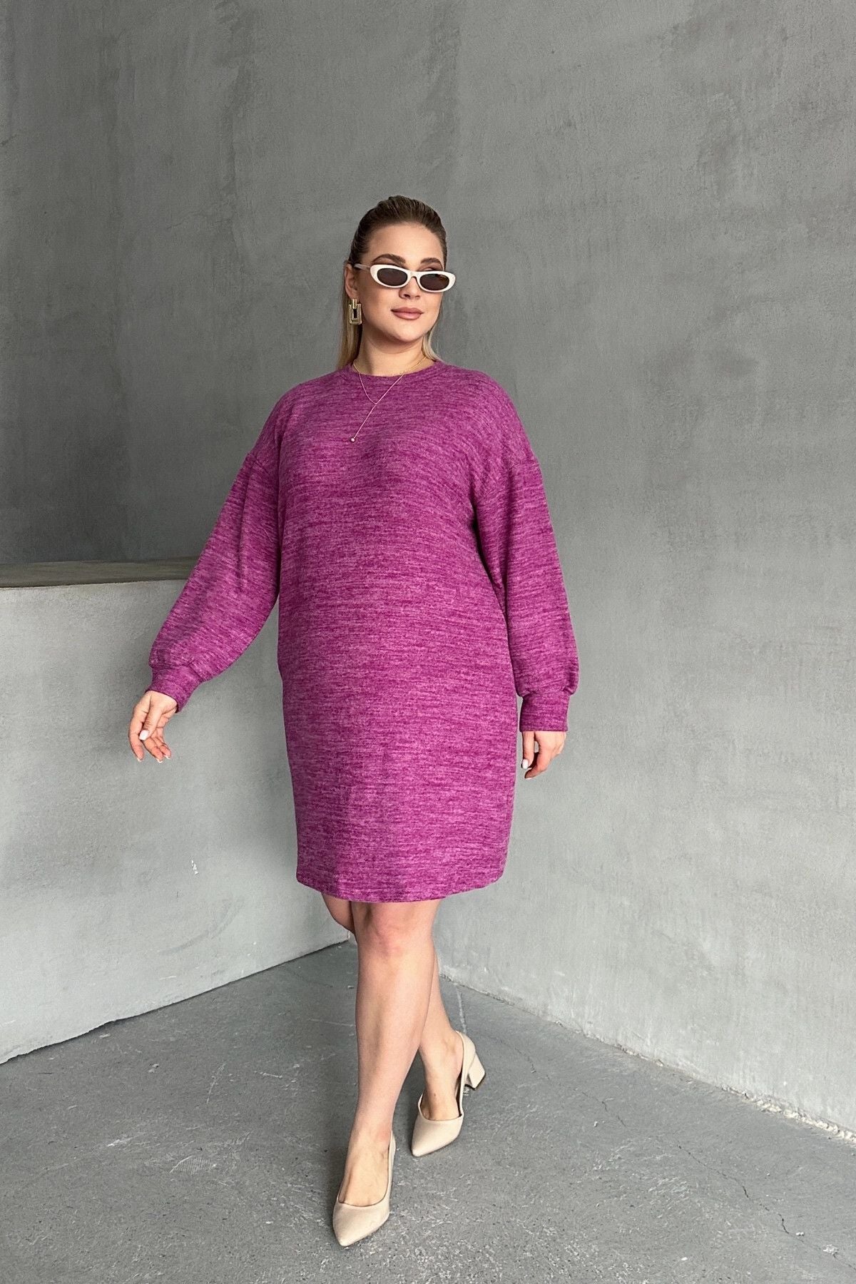 Büyük Beden Uzun Kollu Bisiklet Yaka Kırçıllı Elbise 84-162