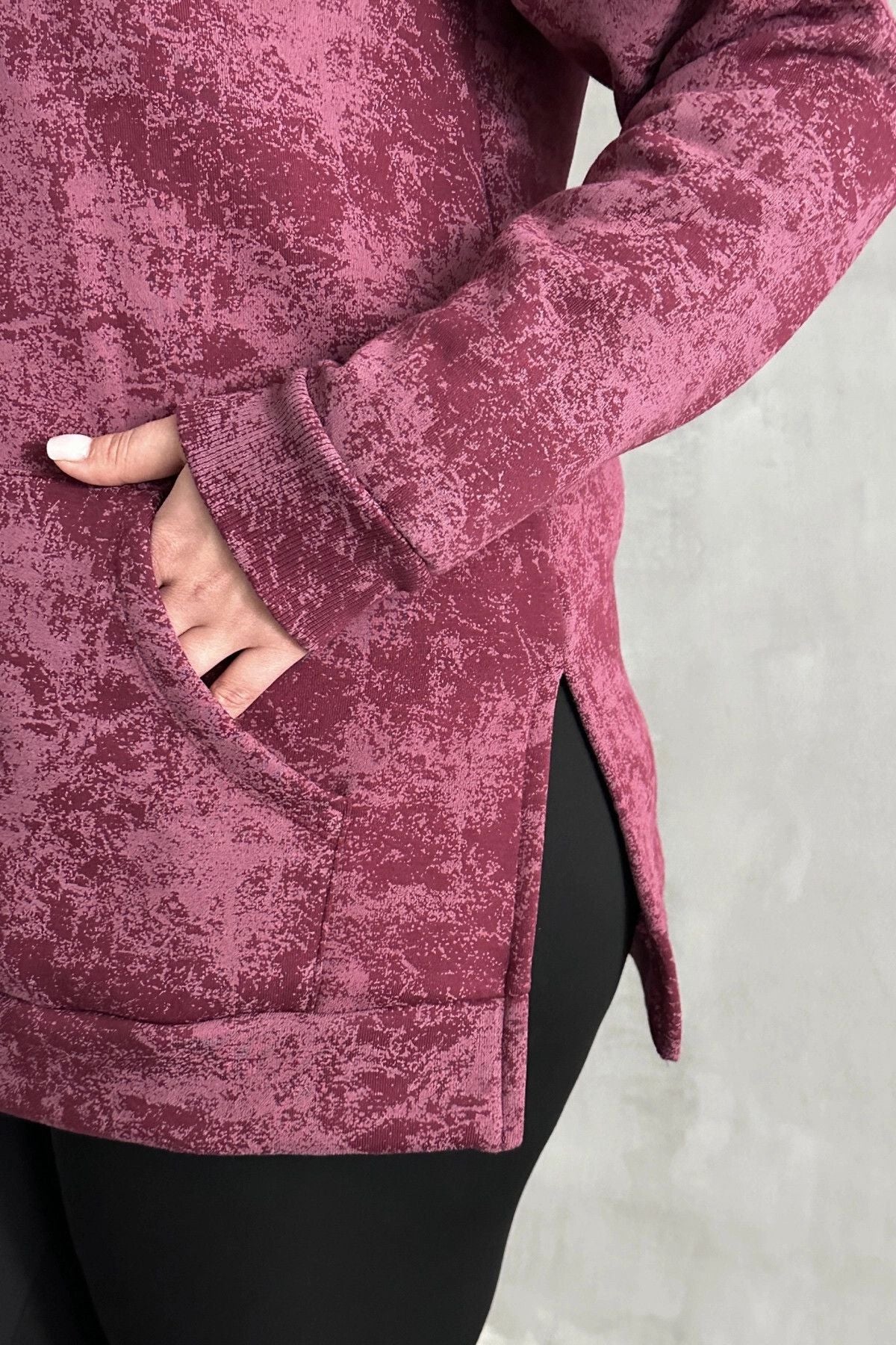 Büyük Beden Uzun Kollu Bisiklet Yaka Önü Cepli Desenli Sweatshirt 106-78