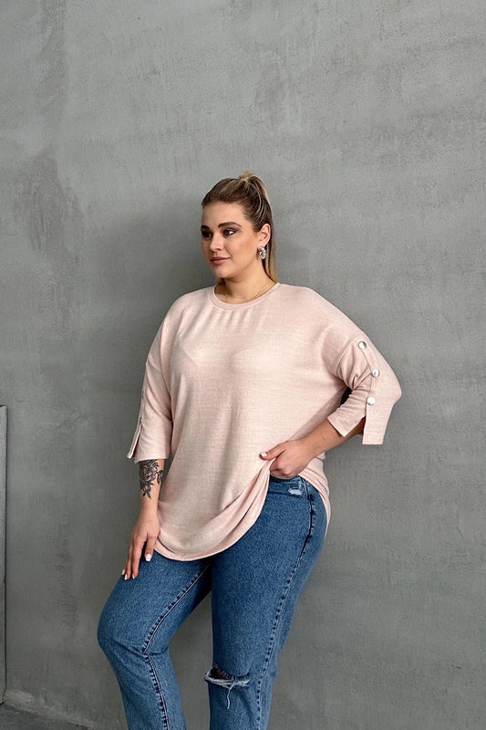 Büyük Beden Yarım Kollu Bisiklet Yaka Düğme Detaylı Kazak 303072