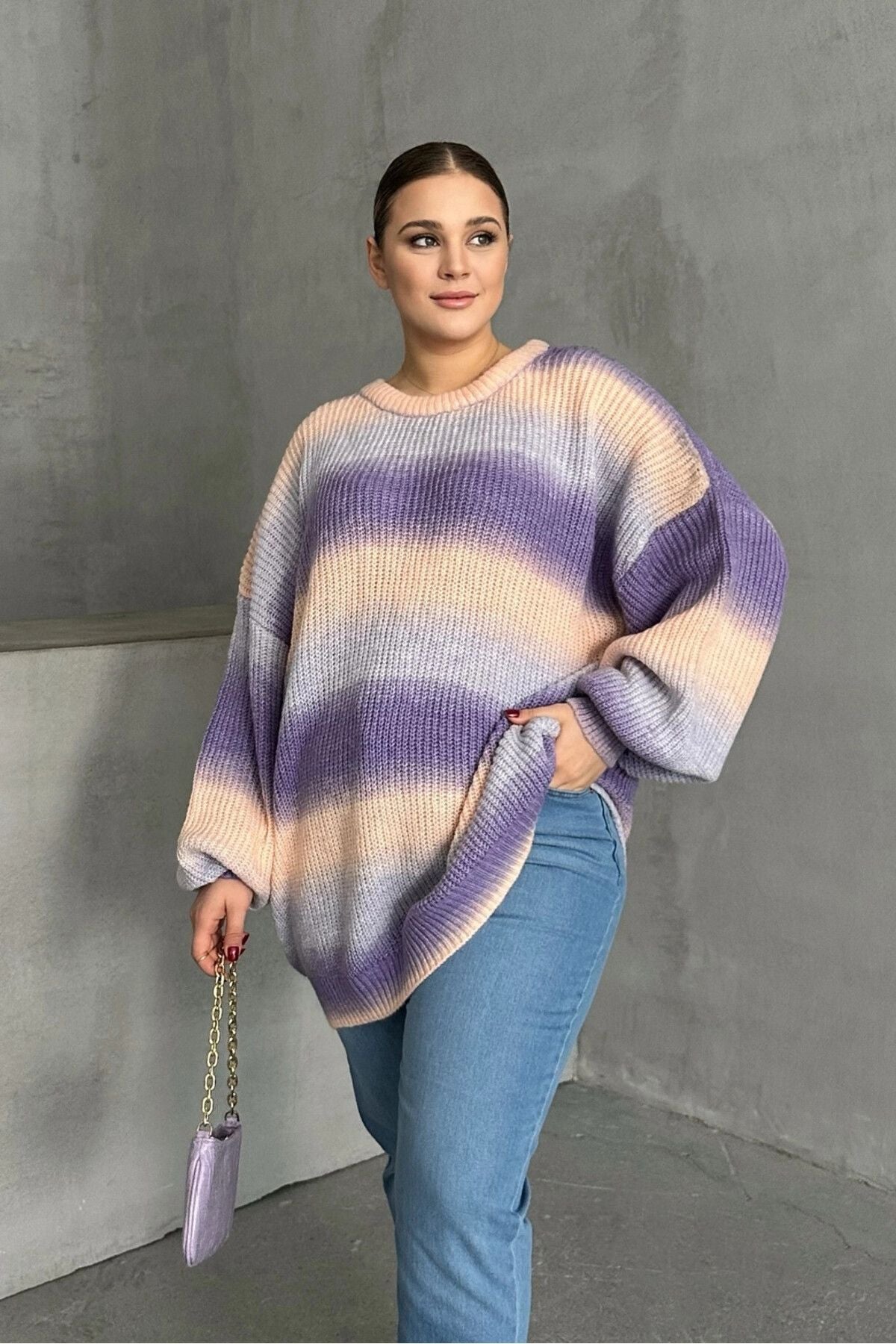 Büyük Beden Uzun Kollu Bisiklet Yaka Renk Bloklu Triko Kazak DG-06