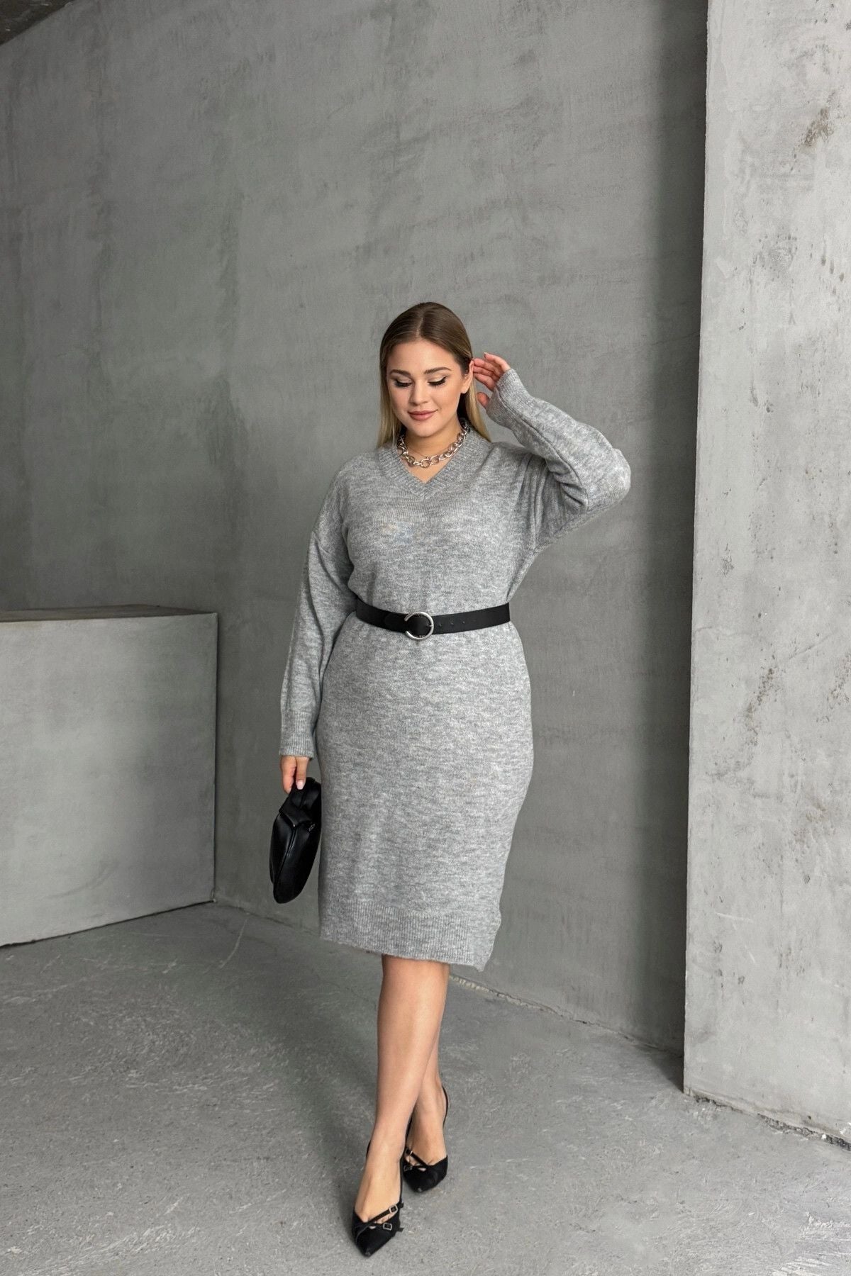 Büyük Beden V Yaka Uzun Kollu Örme Kazak Elbise 302335