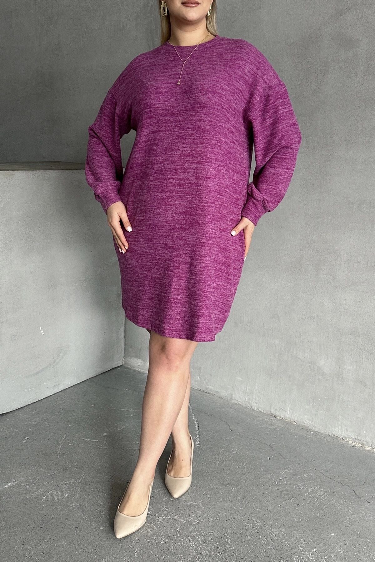 Büyük Beden Uzun Kollu Bisiklet Yaka Kırçıllı Elbise 84-162