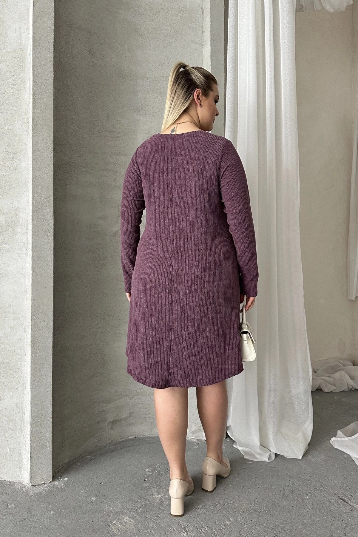 Büyük Beden Uzun Kollu Bisiklet Yaka Cepli Fitilli Elbise 100-186