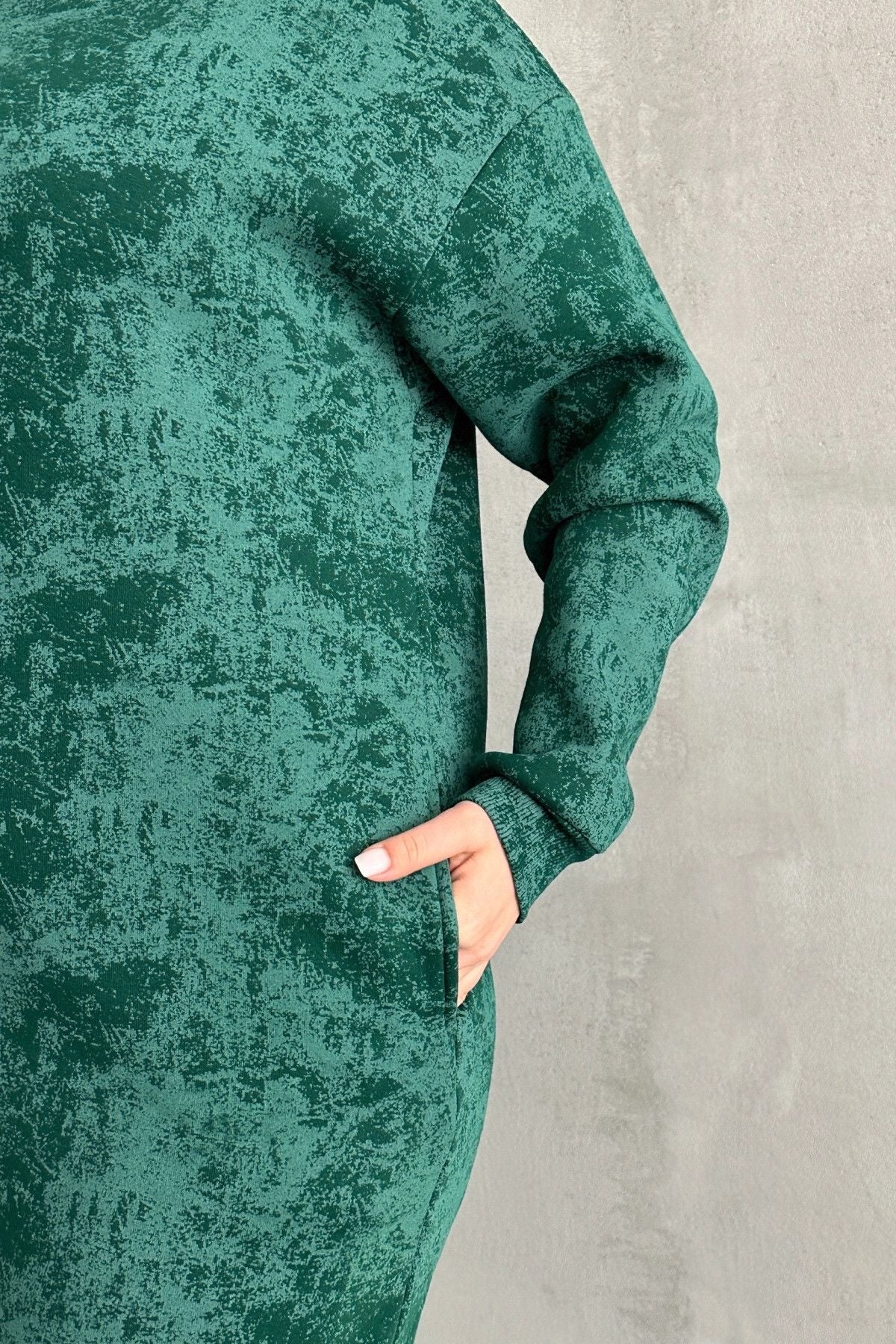 Büyük Beden Uzun Kollu Bisiklet Yaka Cepli Desenli Elbise 106-77