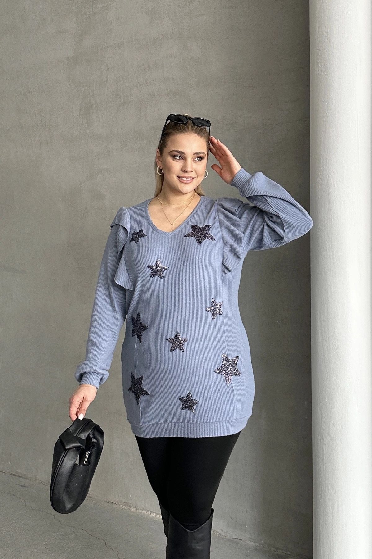 Büyük Beden Uzun Kolları Fırfırlı Yıldız Desen İşlemeli Bluz 301234