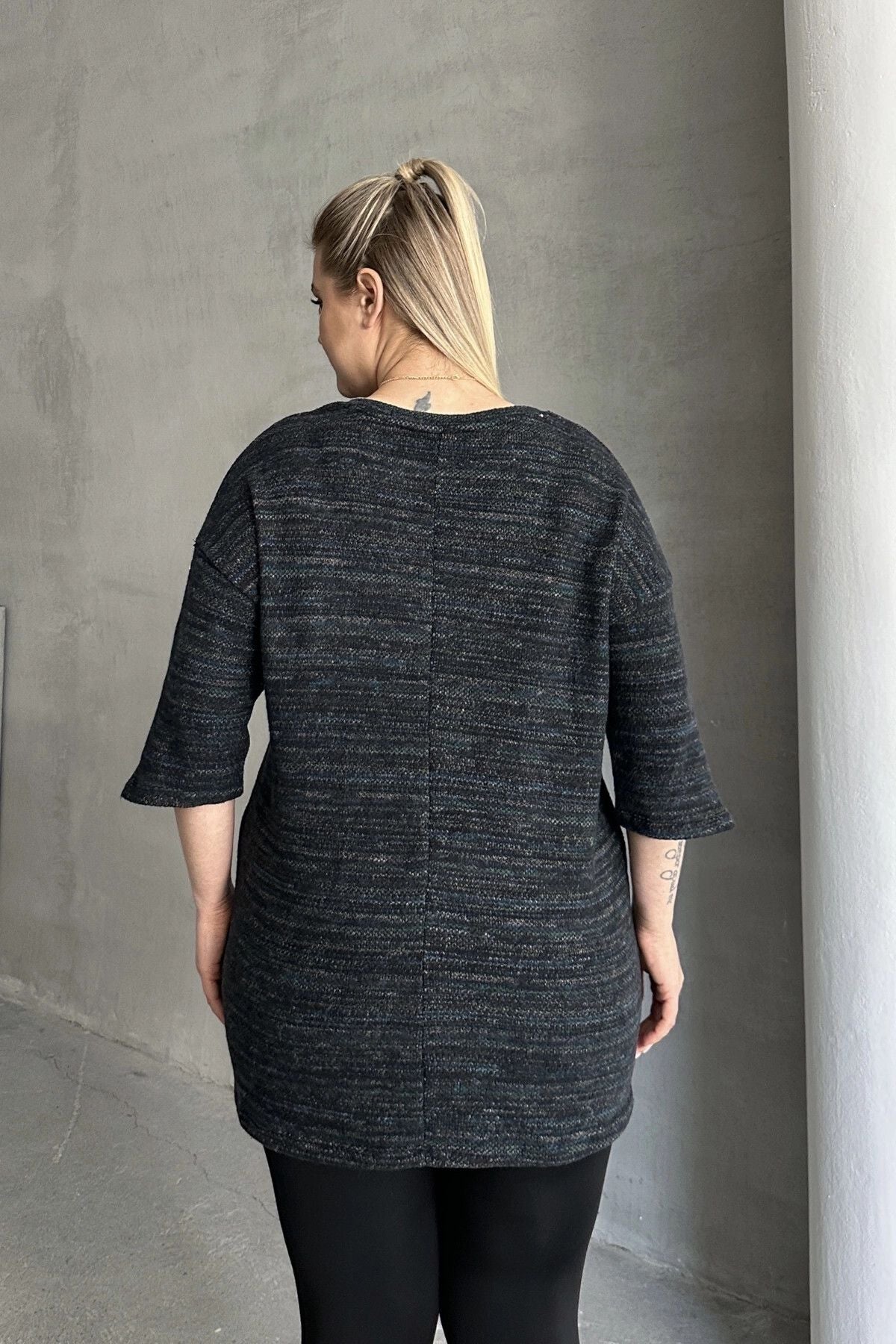 Büyük Beden Yarım Kollu Bisiklet Yaka Düğme Detaylı Kırçıllı Kazak 303691