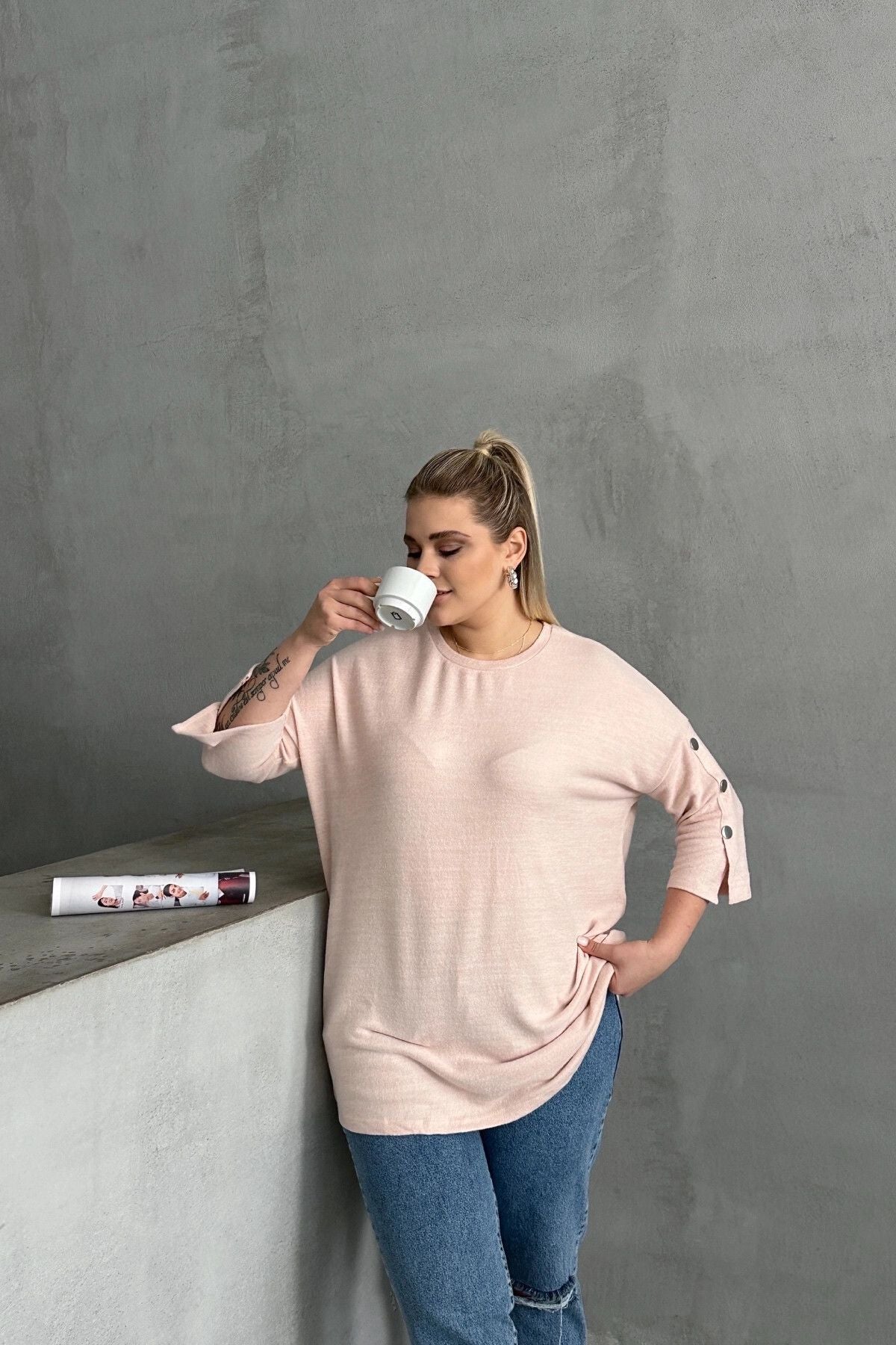 Büyük Beden Yarım Kollu Bisiklet Yaka Düğme Detaylı Kazak 303072