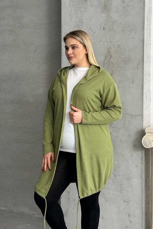 Büyük Beden Uzun Kollu Kapüşonlu Önü Kapamasız Fitilli Hırka 74-136