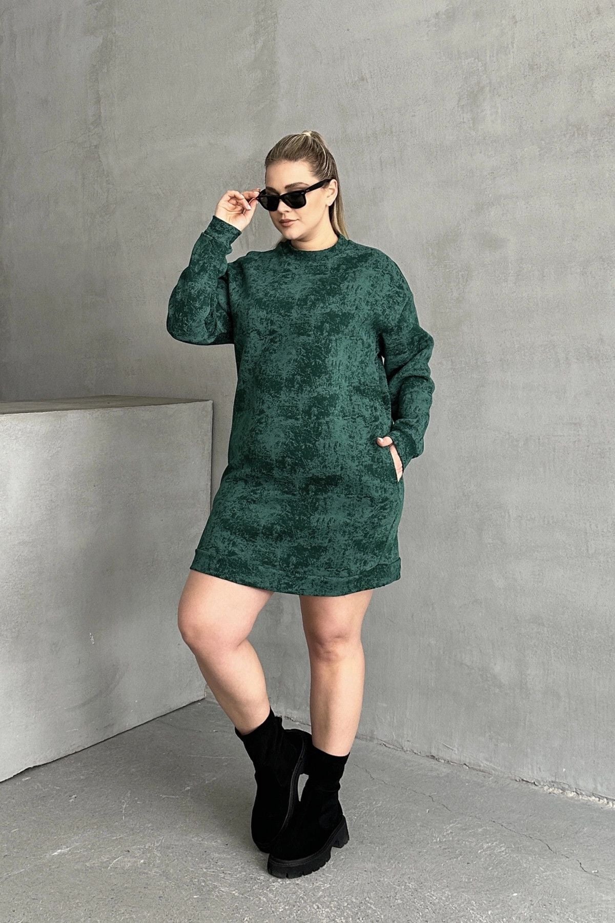 Büyük Beden Uzun Kollu Bisiklet Yaka Cepli Desenli Elbise 106-77