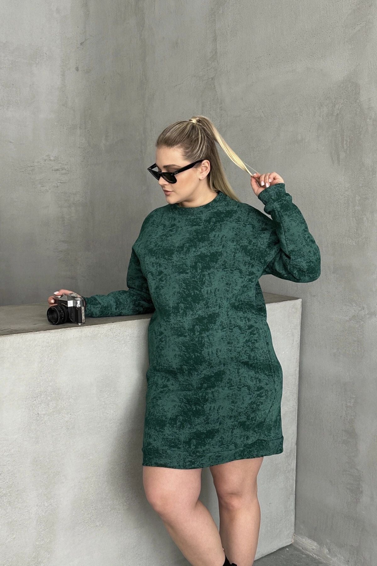 Büyük Beden Uzun Kollu Bisiklet Yaka Cepli Desenli Elbise 106-77