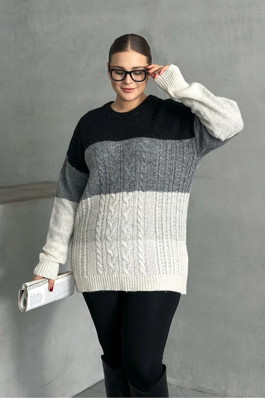 Büyük Beden Uzun Kollu Bisiklet Yaka Renk Bloklu Triko Kazak DG-04