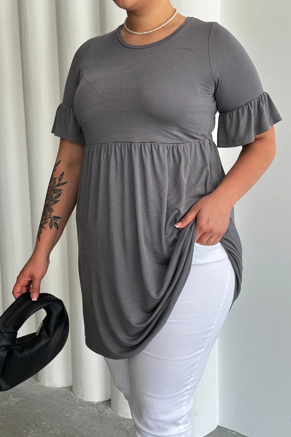 Büyük Beden Kol Detaylı Beli Lastikli Pileli Tunik T-shirt T43