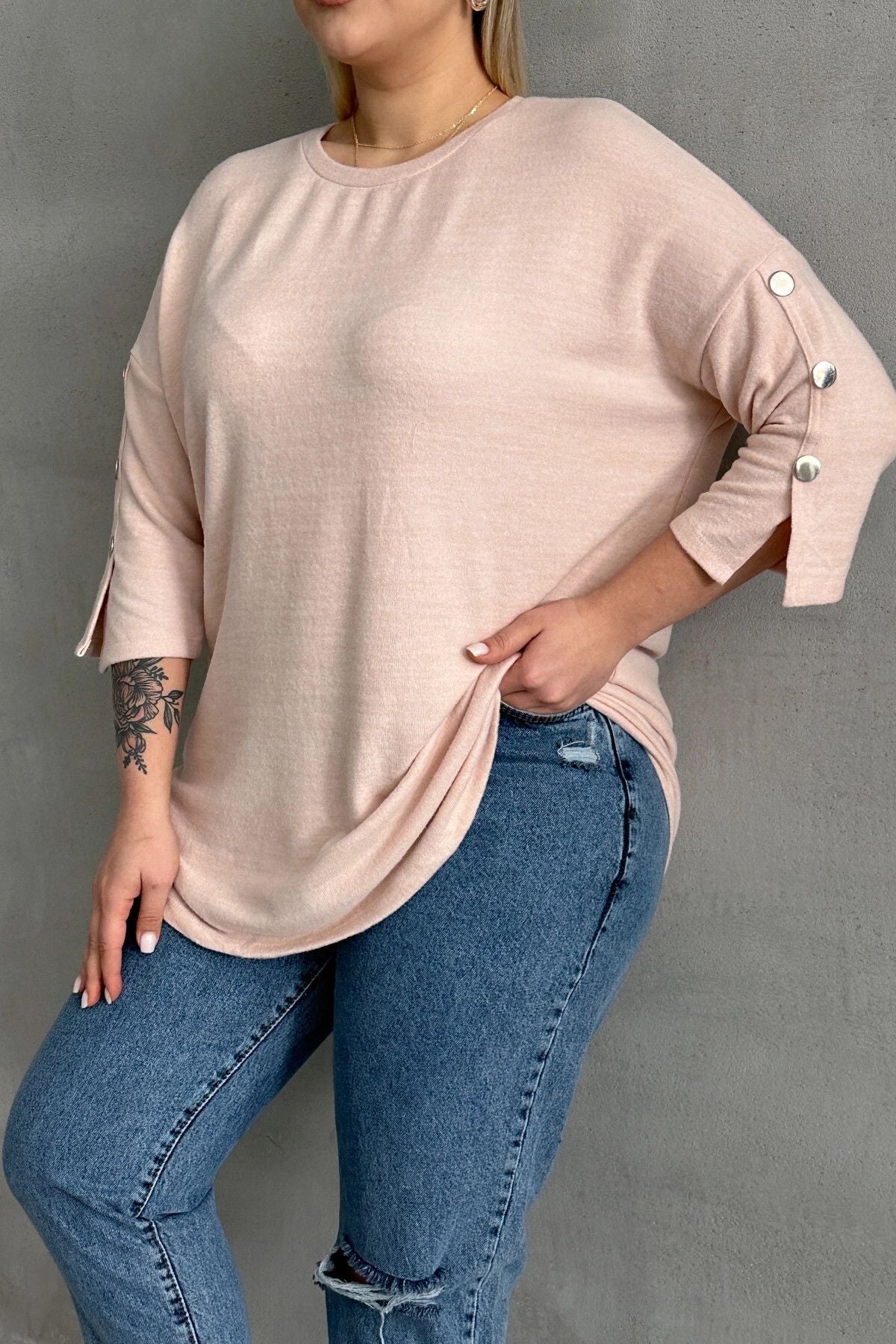 Büyük Beden Yarım Kollu Bisiklet Yaka Düğme Detaylı Kazak 303072