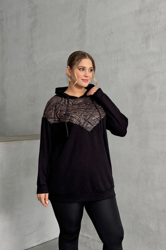 Büyük Beden Uzun Kollu Kapüşonlu Kapitone Detaylı Sweatshirt 300319